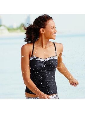 Athleta Black Tankini Top with White/Grey Floral Trim